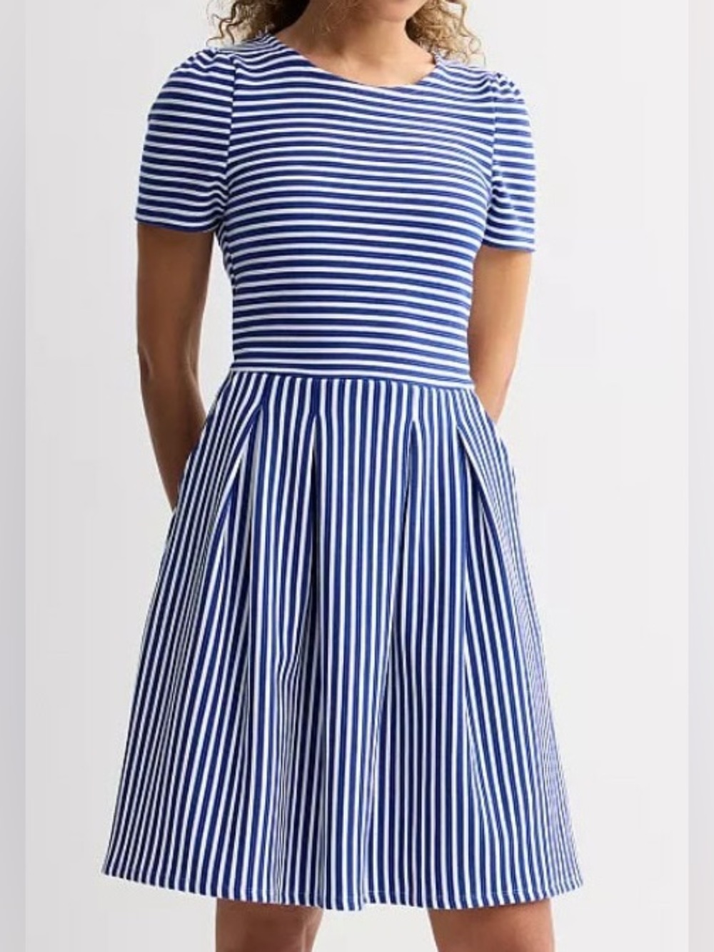 Draper James Blue White Striped Fit & Flare Dress Pockets Knit Size Large NWOT